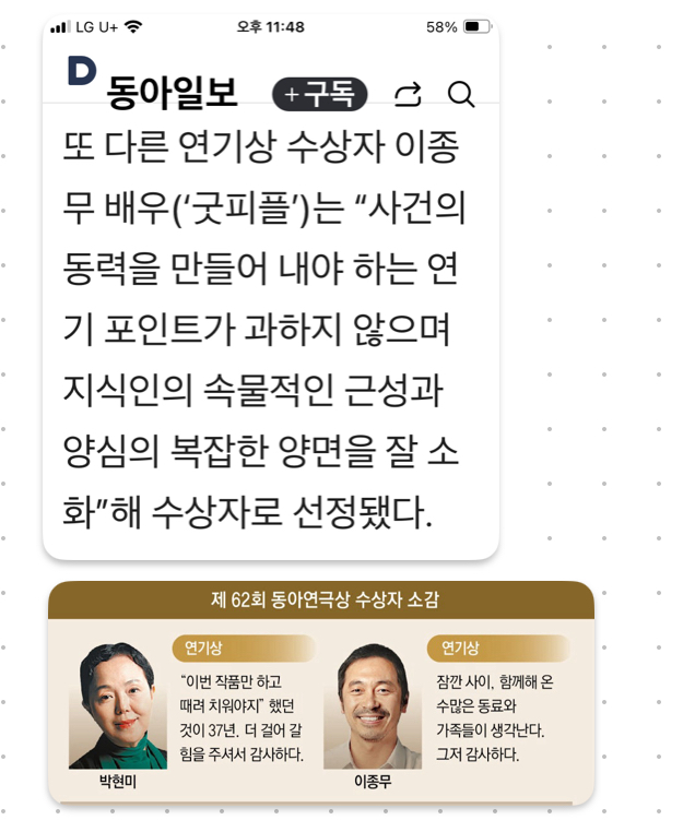 연극학과 이종무 교수, 제62회 동아연극상 연기상 수상 1번째 파일 - 자세한 내용은 본문 참조
