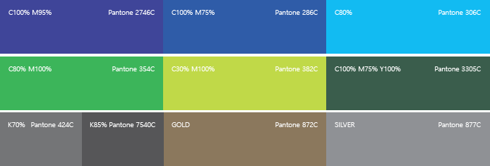 C100% M95% Partone 2746C, C100% M75% Pantone 286C, C70% Pantone 306C, C80% M100% Pantone 354C, C30% M100% Pantone 382C, C100% M75% Y100% Pantone 3305C, K70% Pantone 424C, K85% Pantone 7540C, GOLD Pantone 872C, SILVER Pantone 877C